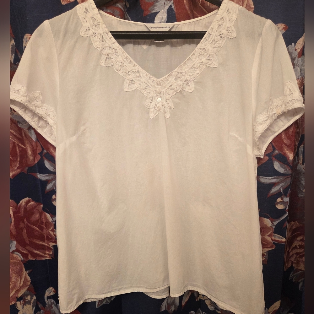 Christopher & Banks White Cotton Embellished Short Sleeve Blouse